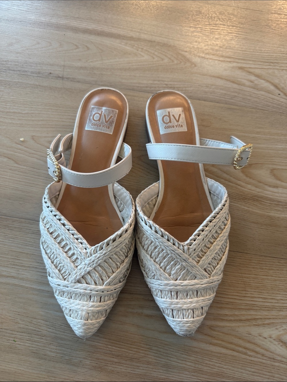 Dolce Vita Cream Braided Pointed-Toe Mules with Gold Buckle